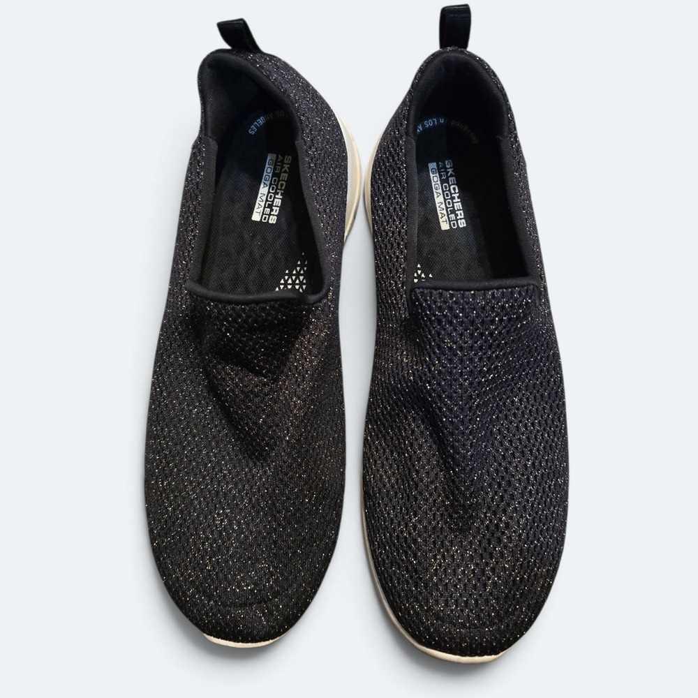 Skechers Go Walk Joy Black Gold Metallic Mesh Slip On Sneakers Womens 9